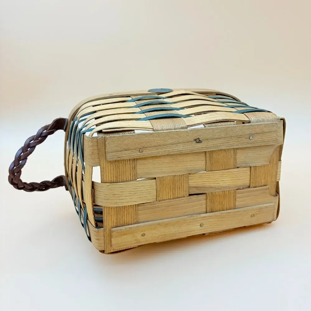 Peterboro Basket Co Woven Wood Basket Leather Handles Green Accent Vintage USA